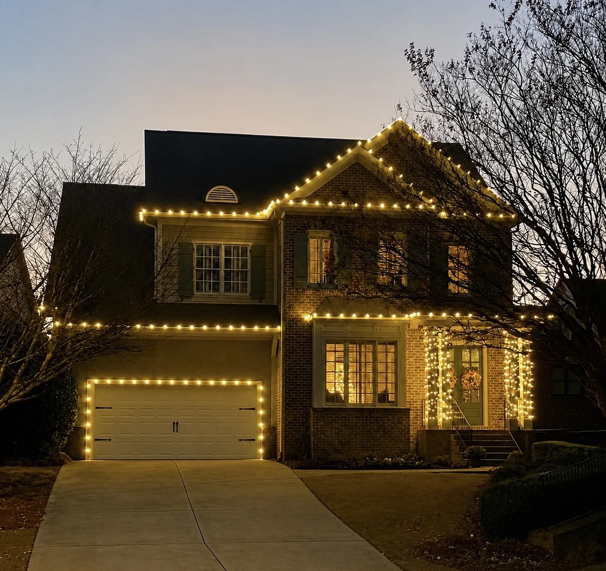 Completed residential holiday lighting display at night