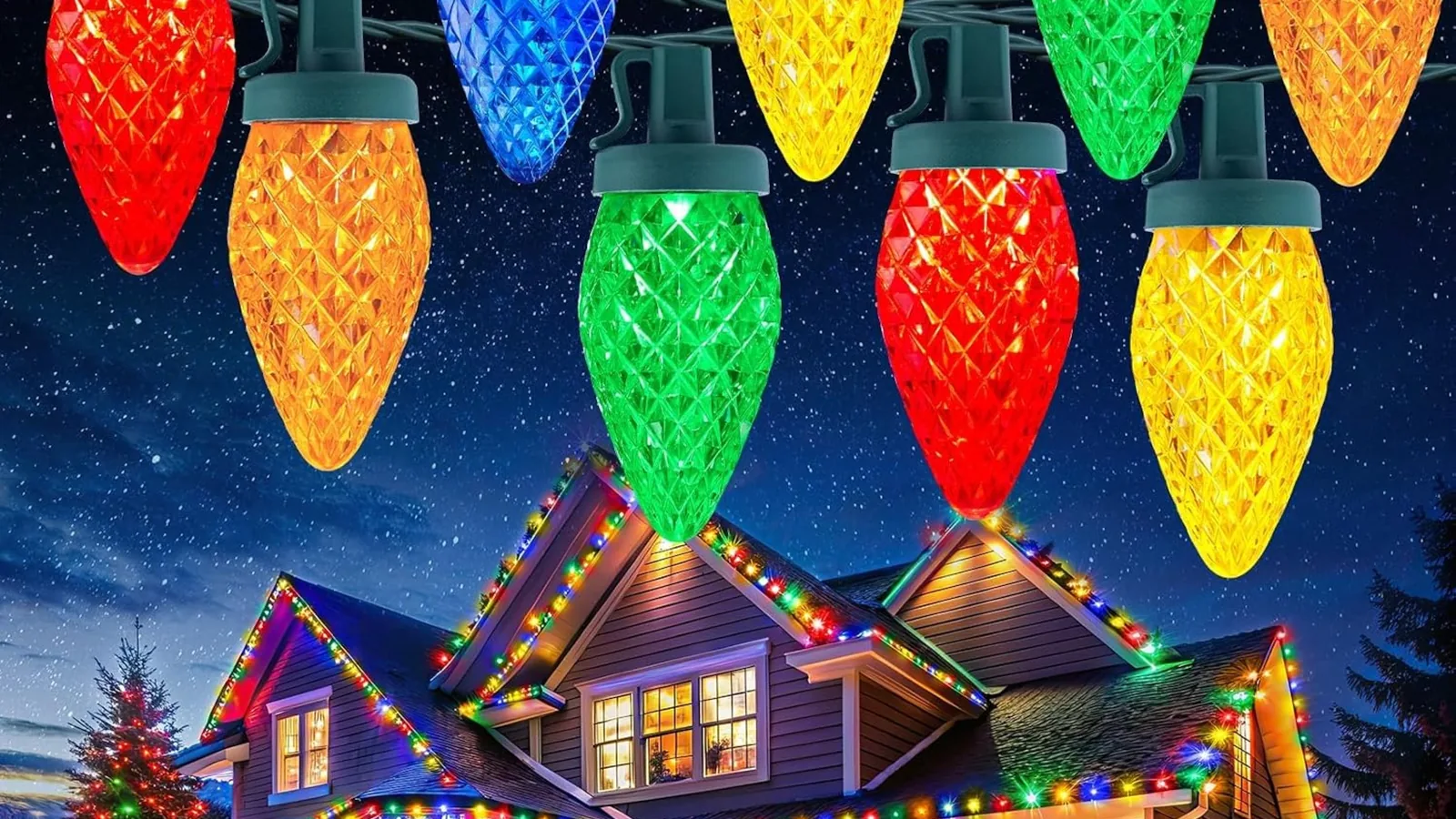 Large commercial campus with commercial-grade holiday lighting