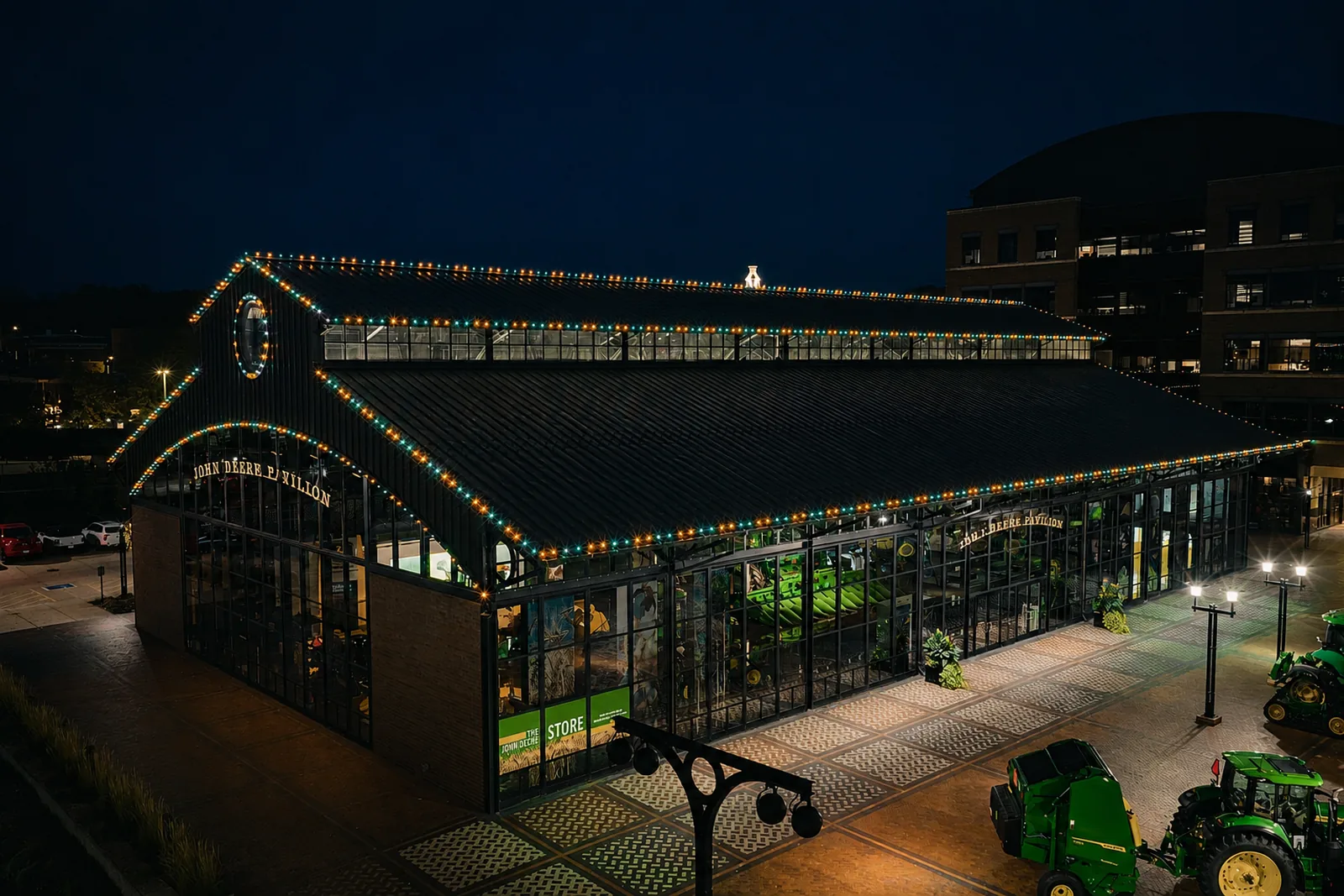 Large commercial property with clean C9 holiday lighting built for scale