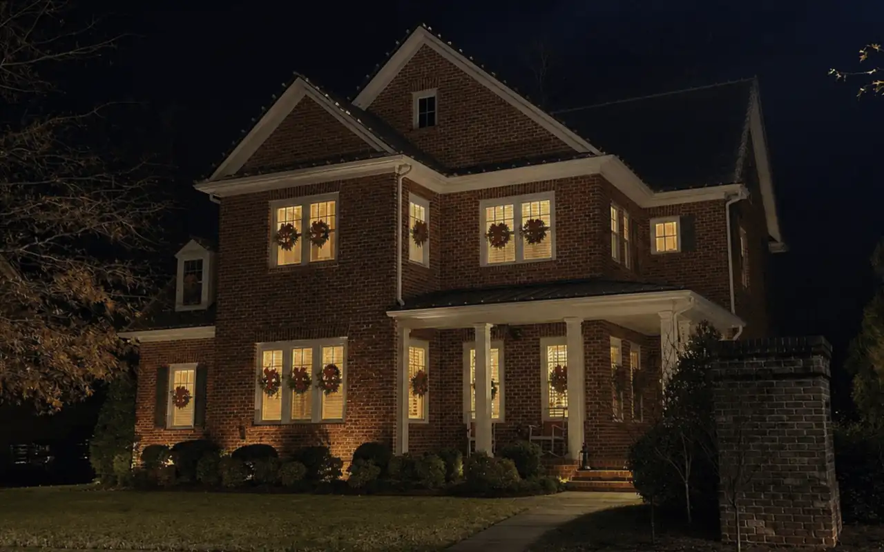 Finished residential Christmas light display glowing at night in Metro Atlanta