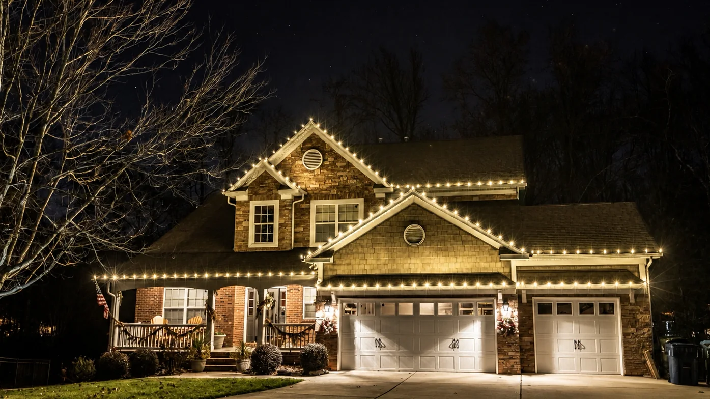 Custom-designed holiday lighting on a Metro Atlanta home