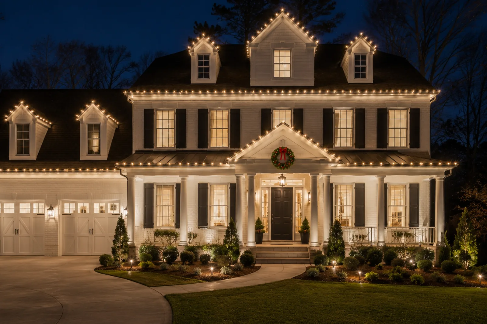 Custom C9 roofline lighting design on a Metro Atlanta home