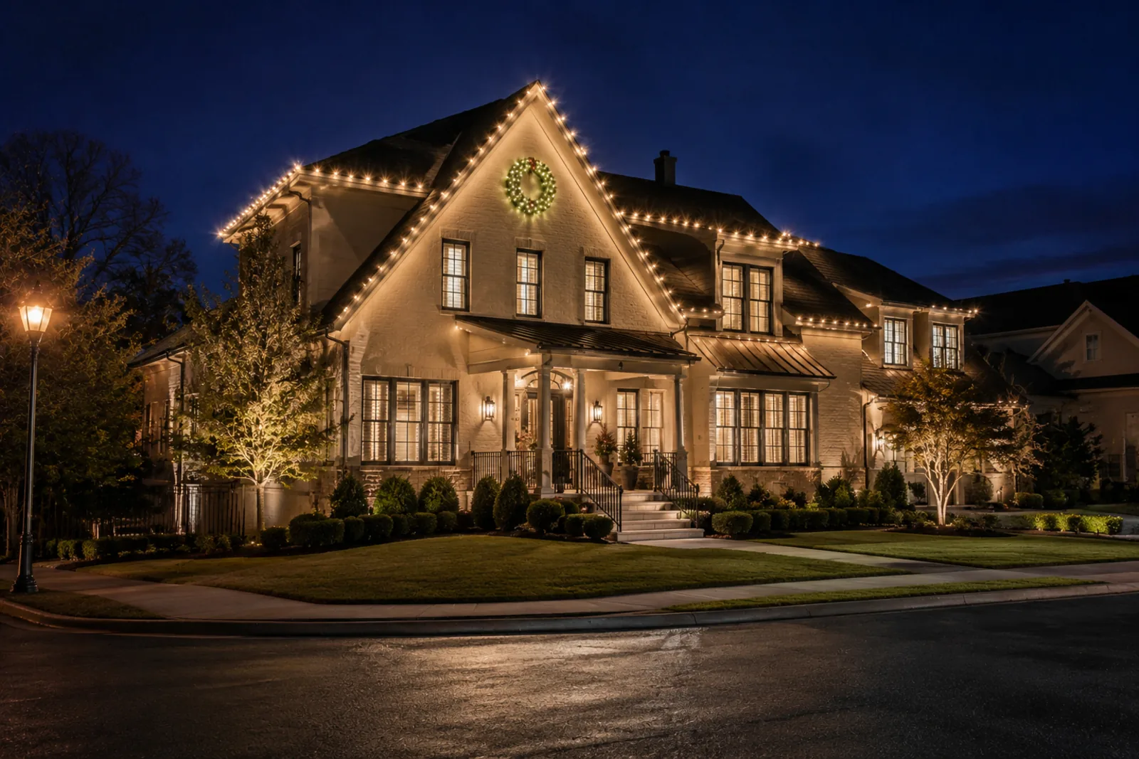 Metro Atlanta home with clean C9 roofline holiday lighting